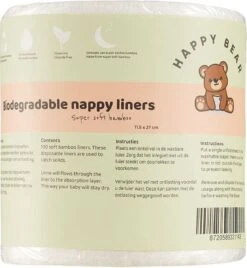 HappyBear | Inlegvellen Bamboe - 1 Rol (100 Vellen) | 11,5cm X 27cm | Chloorvrij En Biologisch Afbreekbaar |Voor Het Opvangen Van Ontlasting In Wasbare Luiers | 100% Zachte En Stevige Bamboe
