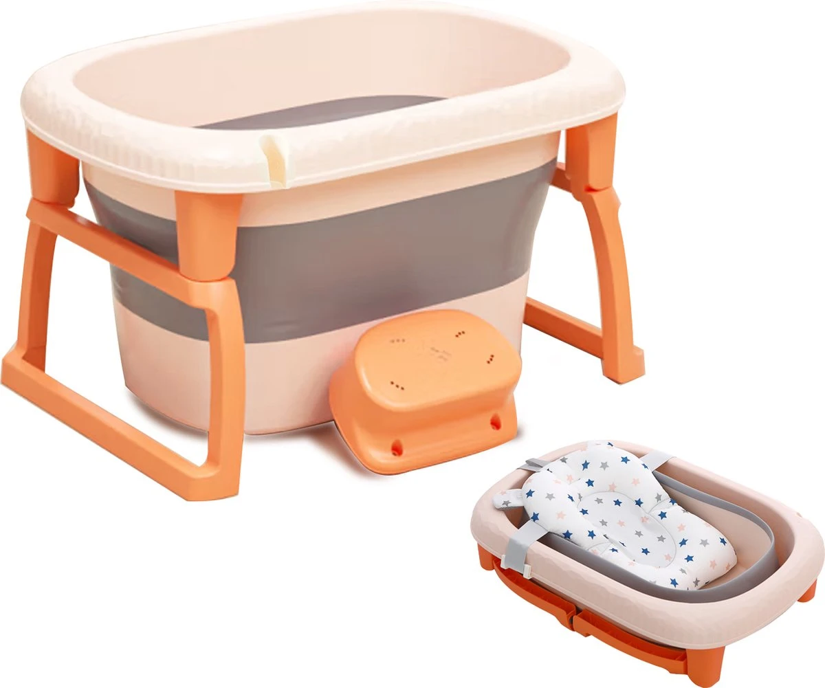 K IKIDO Babybadje - Bad Baby - Opvouwbare Babybadje - Babybadkuip - Met Steunkussen & Badkruk - Opvouwbaar Bad Kinderen - Bath Bucket - Oranje