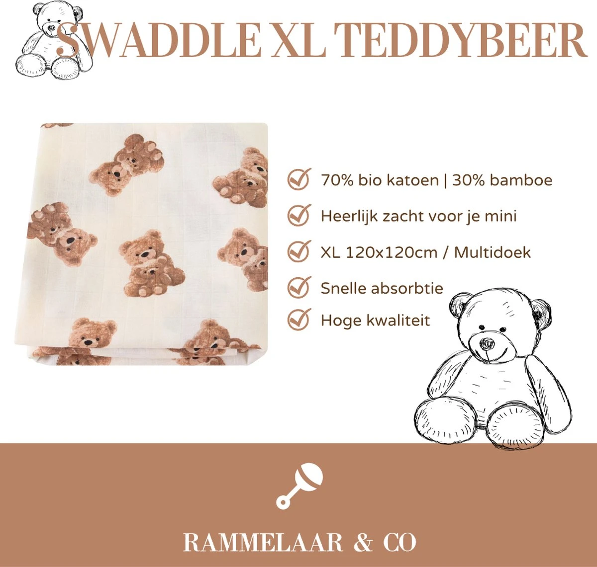 Hydrofiele Doek - Hydrofiele Doek XL - Teddybeer - 120x120cm - Hydrofiel - Swaddle - Multidoek - Superzacht - Hydrofiele Luier -XL - Bamboe - Hydrofiele Doek Teddybeer - Omslagdoek - Emmailloter - Kraamcadeau - Image 4