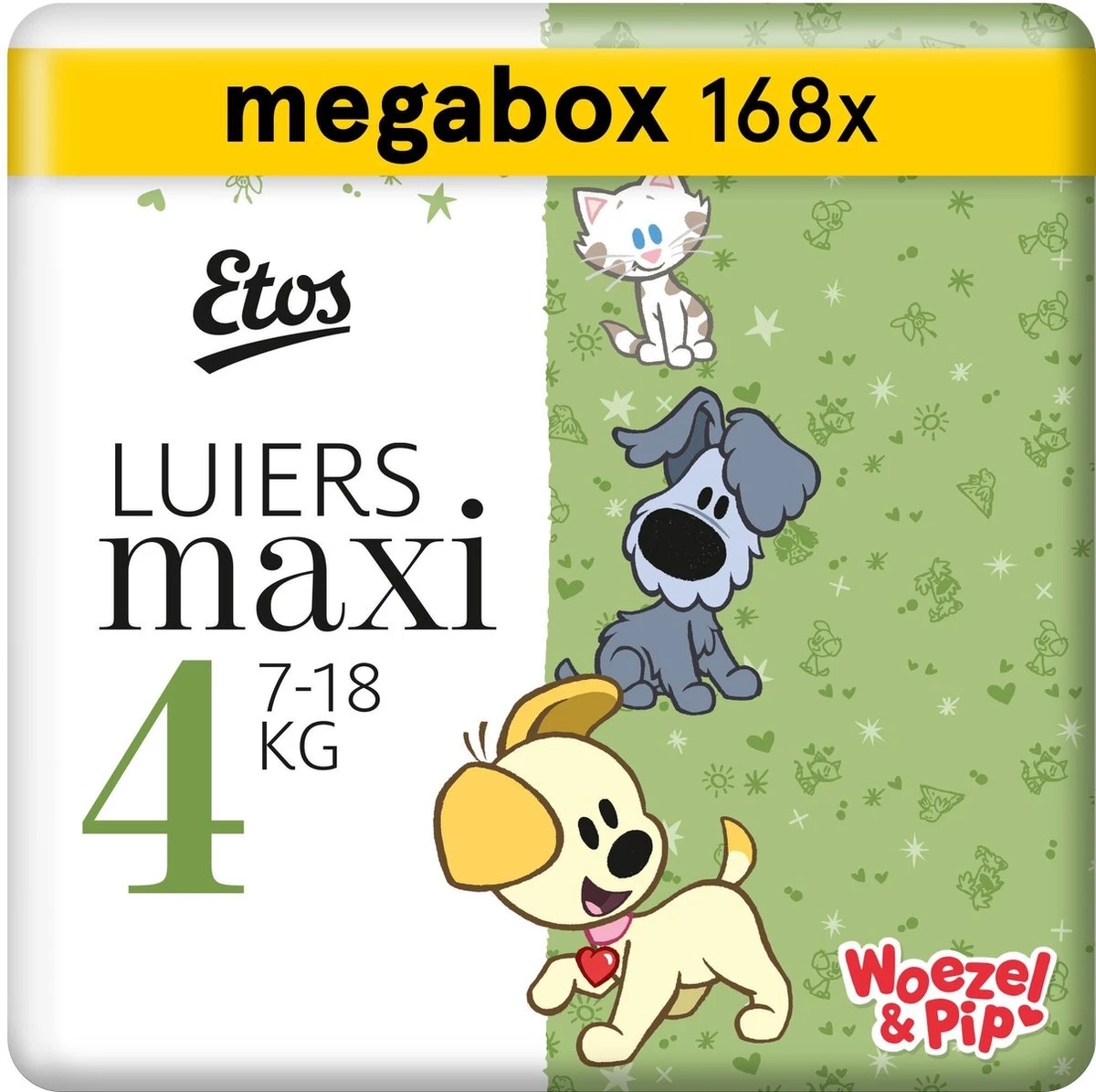Etos Woezel & Pip Luiers Maxi Maat 4 - 7-18 Kg - Maandbox 168 Stuks (3 X 56 Stuks)