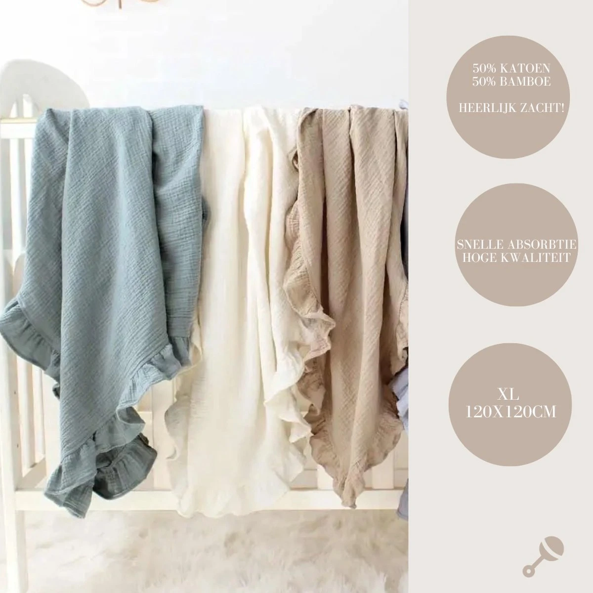 Hydrofiele Doeken - Hydrofiele Doek 2 Laags - Gebroken Wit - Ruffle - Off White - 120x120cm - Katoen En Bamboe - Hydrofiele Doek Ruffle - Swaddle - Hydrofiele Doeken Ruffle - Hydrofiele Doek Ruffle XL - Emmailloter - Kraamcadeau - Image 2