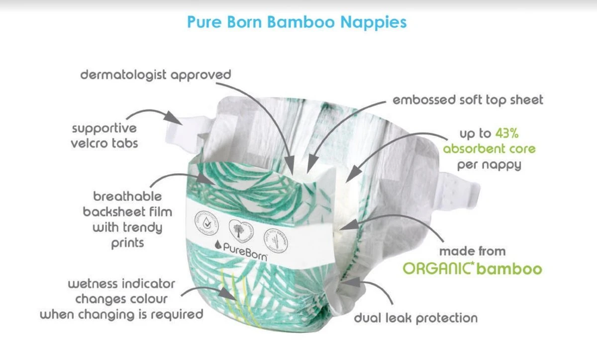 PureBorn Bamboe Luiers - Maat 5 (11-18kg) - 22 Stuks | Flowers - Image 3