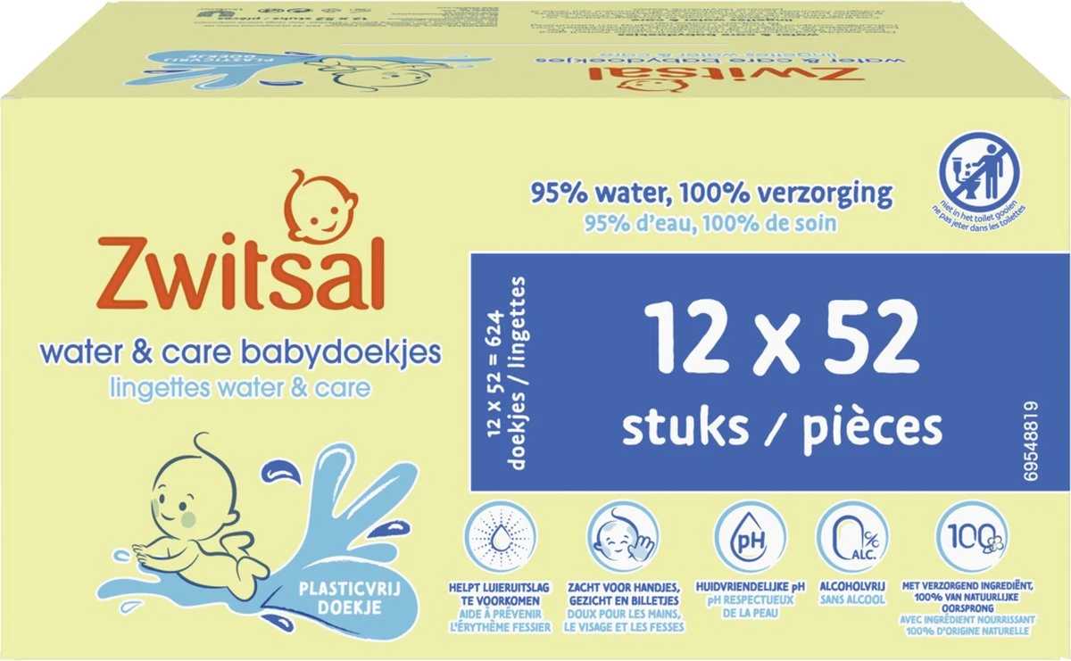 Zwitsal Water & Care Billendoekjes Met Zachte Zwitsal Geur - 624 Doekjes - Voordeelverpakking